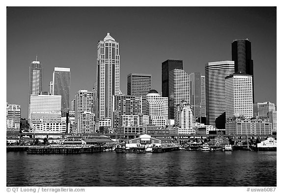 Seattle skyline seen from the water. Seattle, Washington (black and white)