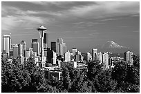 Seattle skyline with the Needle and Mt Rainier, afternoon. Seattle, Washington (black and white)