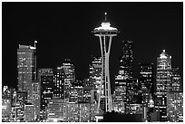Seattle skyline at night with the Needle. Seattle, Washington (black and white)