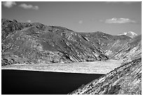 Spirit Lake, partly covered with floating logs. Mount St Helens National Volcanic Monument, Washington (black and white)
