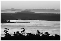 Lopez Island and mainland mountains from Cattle Point, San Juan Island. Washington ( black and white)