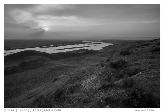 Sunset over Columbia River from White Bluffs Overlook, Wahluke Unit, Hanford Reach National Monument. Washington (black and white)