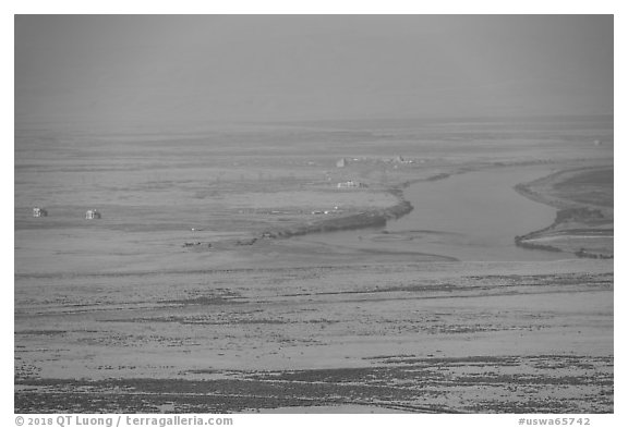 Distant Columbia River and nuclear reactors, Hanford Reach. Washington (black and white)