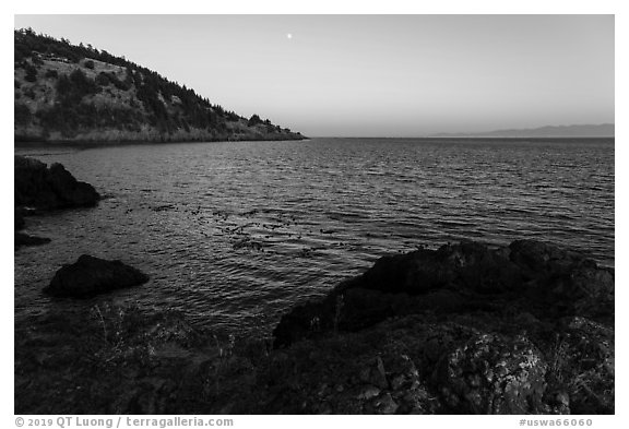 Coastline at sunset, Lime Point State Park, San Juan Island. Washington (black and white)