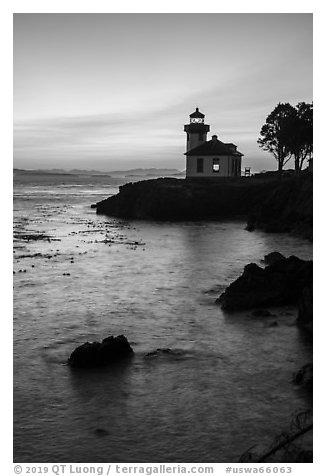 Lime Kiln Lighthouse at dusk, Lime Point State Park, San Juan Island. Washington (black and white)