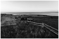 Wooden fence, Cattle Point, Sunrise, San Juan Islands National Monument, San Juan Island. Washington ( black and white)