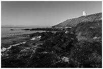 Rocky coastline and Cattle Point Lighthouse, San Juan Islands National Monument, San Juan Island. Washington ( black and white)