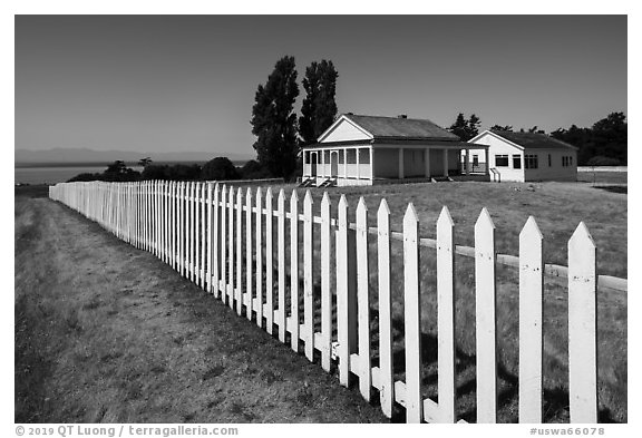 White picket fence, American Camp, San Juan Island National Historical Park. Washington (black and white)