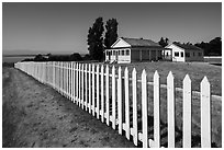White picket fence, American Camp, San Juan Island National Historical Park. Washington ( black and white)