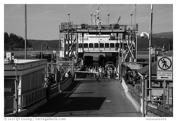Ferry arrival, Friday Harbor, San Juan Island. Washington (black and white)