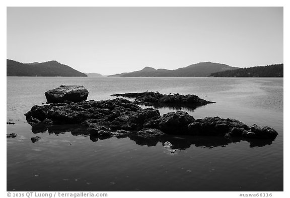 Rock islets and East Sound, Indian Island, San Juan Islands National Monument, Orcas Island. Washington (black and white)