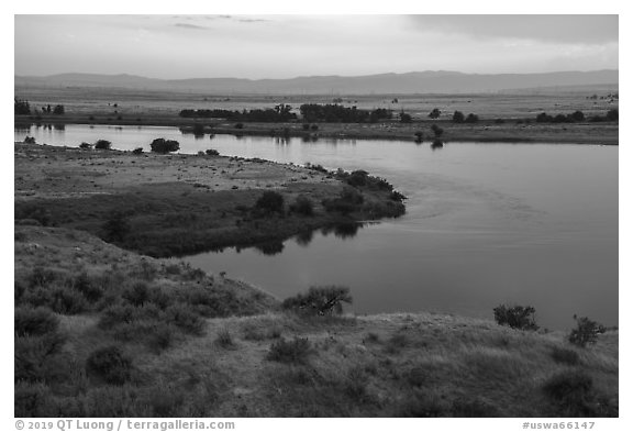 Columbia River and Rattlesnake Mountains at sunset, Hanford Reach National Monument. Washington (black and white)