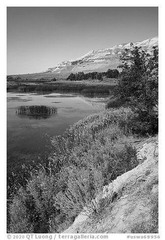 Bluffs reflected in Columbia River channel east of Savage Island, Hanford Reach National Monument. Washington (black and white)