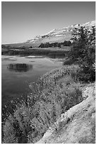 Bluffs reflected in Columbia River channel east of Savage Island, Hanford Reach National Monument. Washington ( black and white)