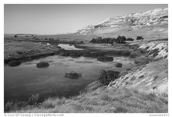 White bluffs and wetlands, Hanford Reach National Monument. Washington (black and white)