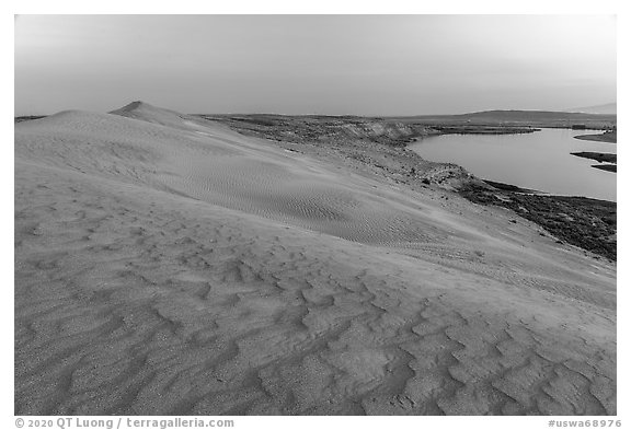 Sand dunes and Columbia River at sunset, Hanford Reach National Monument. Washington (black and white)