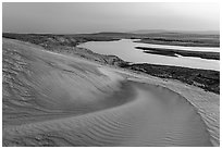 Sand dunes and Columbia River, and Locke Island at sunset, Hanford Reach National Monument. Washington ( black and white)