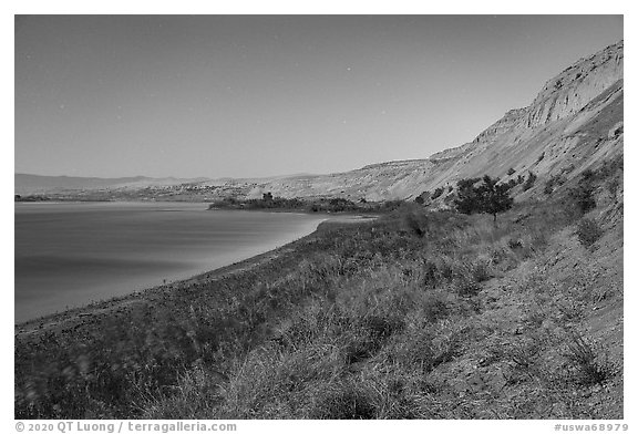 White Bluffs and Columbia River by moonlight, Hanford Reach National Monument. Washington (black and white)
