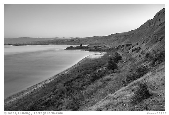 White Bluffs and Columbia River at dawn, Hanford Reach National Monument. Washington (black and white)