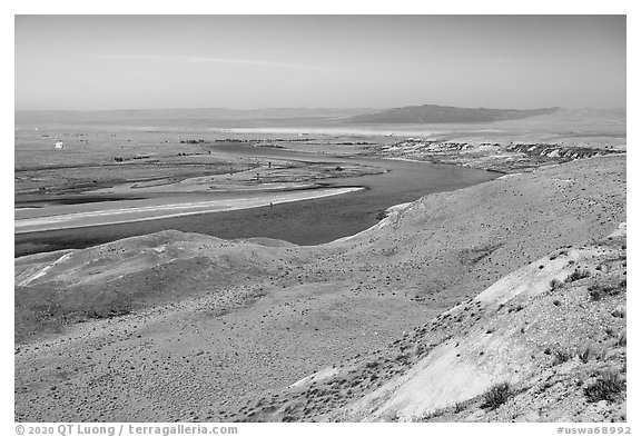 Columbia River and White Bluffs area, Hanford Reach National Monument. Washington (black and white)