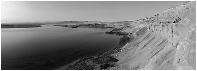 White Bluffs and Columbia River, Hanford Reach National Monument. Washington (Panoramic black and white)