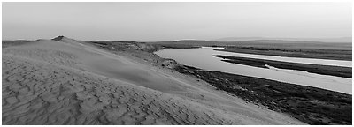 Sand Dunes, Locke Island, and Columbia River, sunset, Hanford Reach National Monument. Washington (Panoramic black and white)