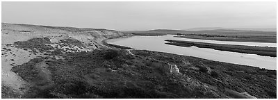 White Bluffs, Locke Island, and Columbia River, twilight, Hanford Reach National Monument. Washington (Panoramic black and white)