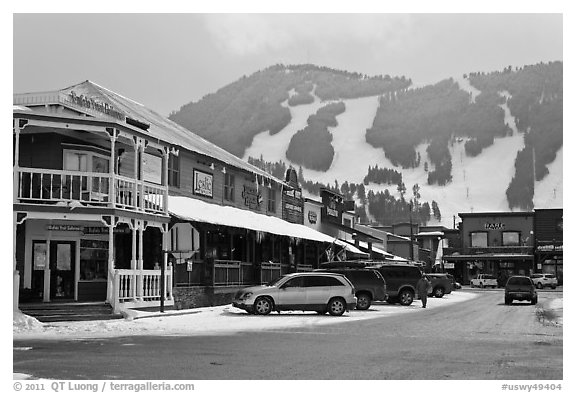 Town square stores and ski slopes in winter. Jackson, Wyoming, USA