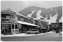 Town square stores and ski slopes in winter. Jackson, Wyoming, USA ( black and white)