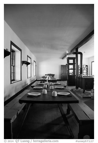 Dinning room inside barracks. Fort Laramie National Historical Site, Wyoming, USA (black and white)