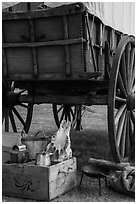 Pionneer wagon and camp gear. Fort Laramie National Historical Site, Wyoming, USA ( black and white)