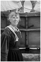 Woman dressed as pionneer. Fort Laramie National Historical Site, Wyoming, USA ( black and white)