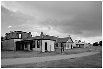 Path and buildings. Fort Laramie National Historical Site, Wyoming, USA ( black and white)
