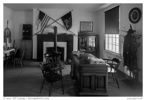 Officer office. Fort Laramie National Historical Site, Wyoming, USA (black and white)