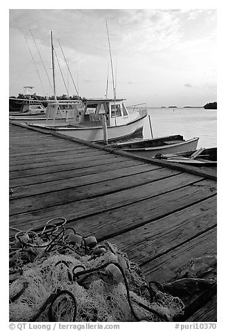 Pier and small boats, La Parguera. Puerto Rico (black and white)