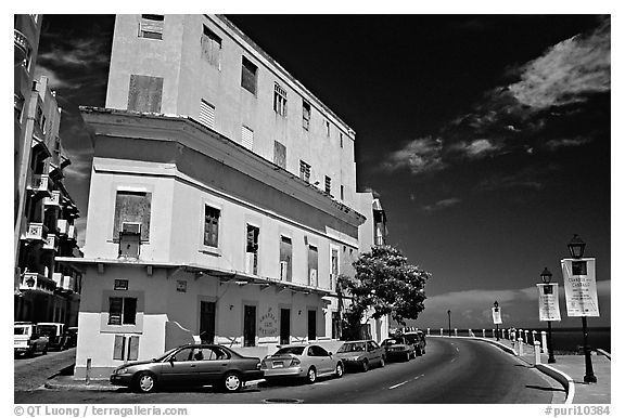 Multi-story building painted with pastel colors, old town. San Juan, Puerto Rico (black and white)