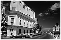 Multi-story building painted with pastel colors, old town. San Juan, Puerto Rico (black and white)