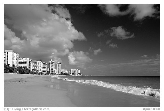 Beach and modern residential towers, morning. San Juan, Puerto Rico (black and white)