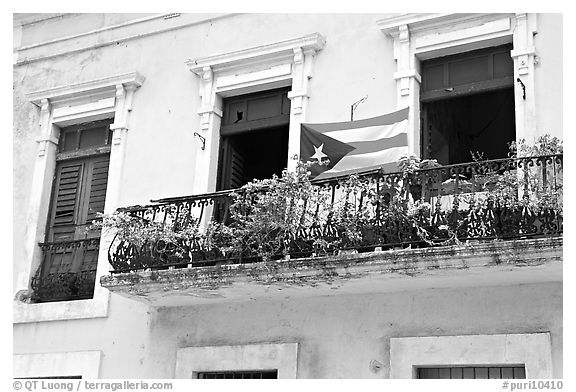 Balcony and flag of Puerto Rico. San Juan, Puerto Rico