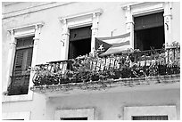 Balcony and flag of Puerto Rico. San Juan, Puerto Rico (black and white)