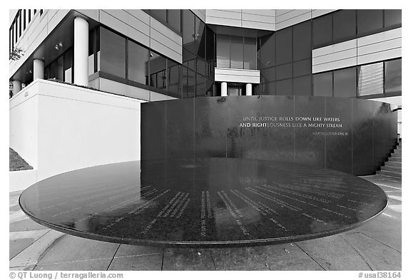 Table with names of 40 people who gave lives for racial equity, Civil Rights Memorial. Montgomery, Alabama, USA (black and white)