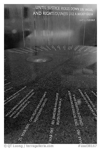 Table and wall with flowing water, Civil Rights Memorial. Montgomery, Alabama, USA (black and white)