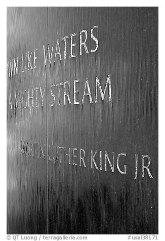 Words from bibical quote and Martin Luther King name, Civil Rights Memorial. Montgomery, Alabama, USA (black and white)