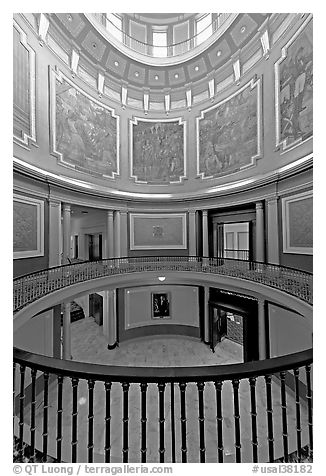 Paintings illustrating the state history below the dome of the capitol. Montgomery, Alabama, USA (black and white)