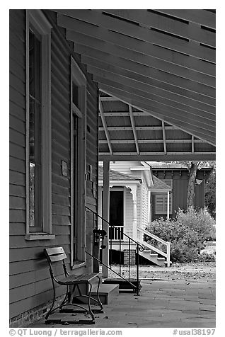 Porch, bench, and buildings in Old Alabama Town. Montgomery, Alabama, USA
