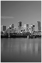 Arkansas River, bridge and skyline, early morning. Little Rock, Arkansas, USA (black and white)