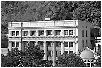 Historic buildings at the base of hills. Hot Springs, Arkansas, USA (black and white)