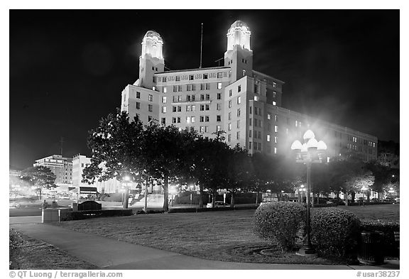 Historic hotel by night. Hot Springs, Arkansas, USA (black and white)