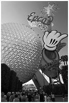 Spaceship earth and Epcot sign. Orlando, Florida, USA ( black and white)