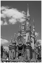 The Cinderella Castle, centerpiece of Magic Kingdom Theme Park. Orlando, Florida, USA (black and white)
